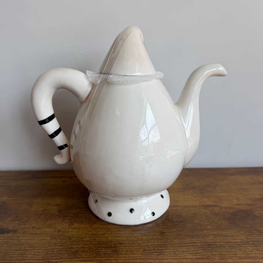 Johanna Parker Gus Ghost Ceramic Tea Pot Handle Lid Halloween White Black Cute - Picture 3 of 6